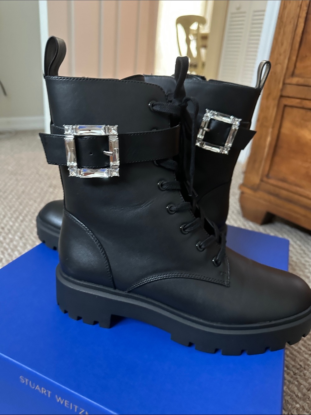 Stuart Weitzman Black Leather Lace-Up Combat Boots with Crystal Buckles